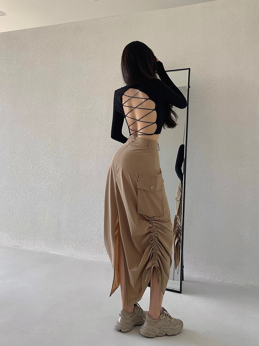 Women Loose Drawstring Split Versatile Recreational Skirt-WF00353-Veeddydropshipping