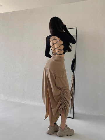 Women Loose Drawstring Split Versatile Recreational Skirt-WF00353-Veeddydropshipping
