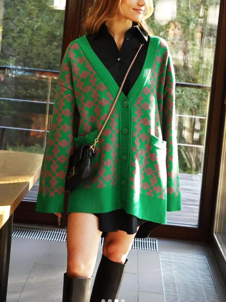 Oversize Cardigan Woman Plaid Loose Long Sleeves Sweaters-Veeddydropshipping