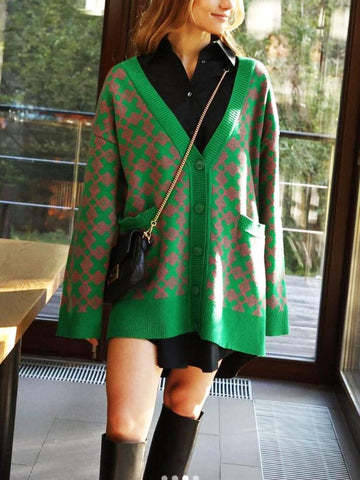 Oversize Cardigan Woman Plaid Loose Long Sleeves Sweaters-Veeddydropshipping