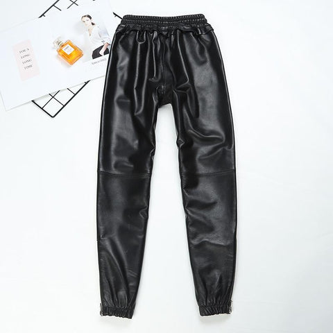 Real leather striped stitching elastic waist pants female-WF00573-Veeddydropshipping