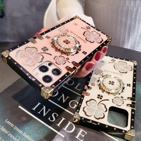 For iPhone 13 14 12 11 XS XR 7 8 Bling Glitter Lucky Flower Square Case + Ring-PA00171-Veeddydropshipping