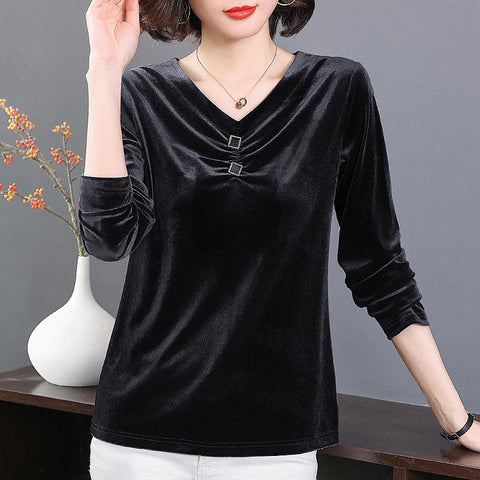 V-neck Velvet Tee Women Long Sleeve Oversized Loose T-Shirt-WF00270-Veeddydropshipping