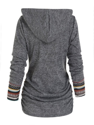 Tribal Geometric Stripe Panel Hooded Knit Top Long Sleeve-Veeddydropshipping