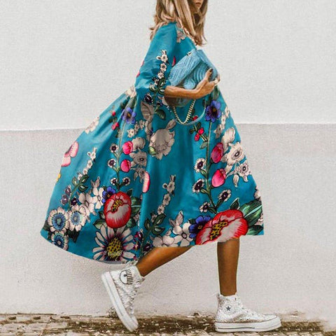 O Neck Half Sleeve Floral Printed  A-Line Dresses-WF00093-Veeddydropshipping