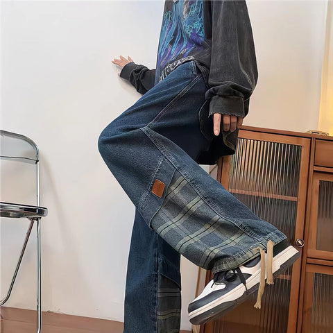 Streetwear Paneled Jeans Man Plaid Baggy Straight-MF00517-Veeddydropshipping