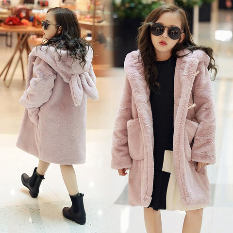 Kids Winter Coat Girls Faux Fur Thick Warm Hooded Jacket-Veeddydropshipping
