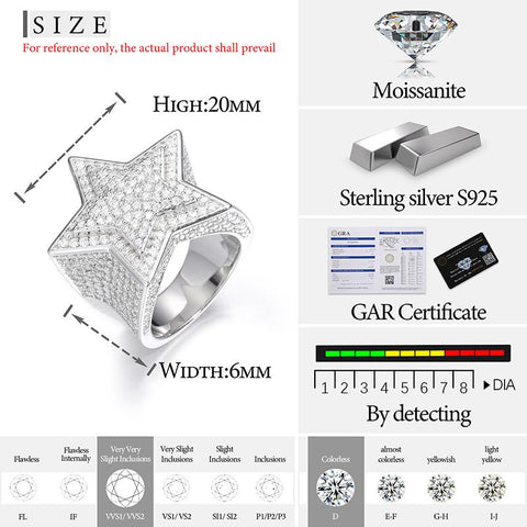 Certificate Moissanite Star Rings 925 Sterling Silver Moissanite Rings -JW00085-Veeddydropshipping