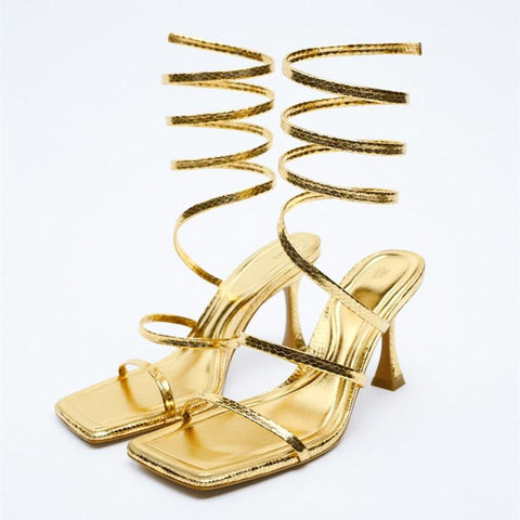 High-heeled Shoes 2022 TRAF ZAZA Gold Spiral Strap Fashion Sandals-BS00887-Veeddydropshipping