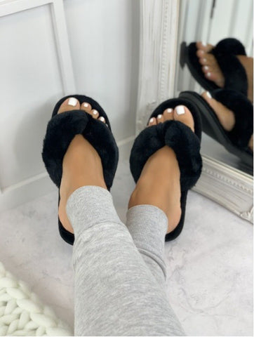 Faux Fur Cross Indoor Floor Slides Flat Soft Furry Shoes Ladies-BS01131-Veeddydropshipping