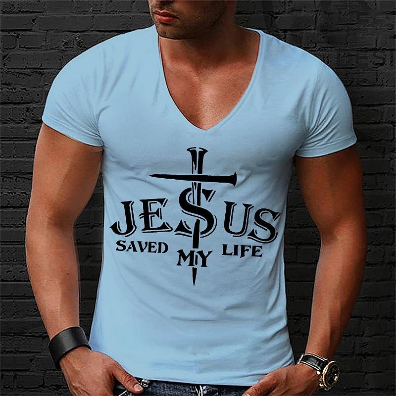 Jesus Printed Men's T-shirt New V-neck Short Sleeve Men's Clothing Fashion Slim Fit-Veeddydropshipping