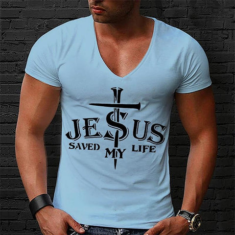 Jesus Printed Men's T-shirt New V-neck Short Sleeve Men's Clothing Fashion Slim Fit-Veeddydropshipping