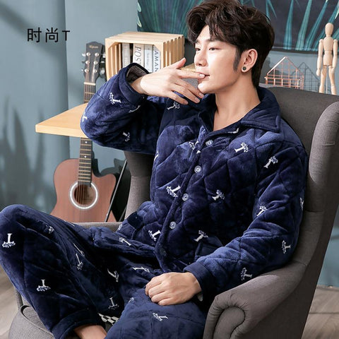 Warm Sleepwear Men&#39;s Flannel Winter Thick Pajamas Long Sleeve Casual-MF01605-Veeddydropshipping