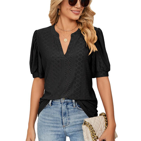 Hollow Out V Neck T-Shirt Women Puffy Sleeve-Veeddydropshipping