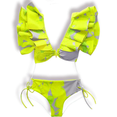 Sexy Bathing Suit Ruffle Strap Biquinis Feminino 2022 Swimwear Yellow Print Swimsuit -OS00067-Veeddydropshipping