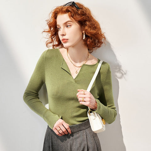 V-neck Women Undershirt Pullover Long Sleeve Casual Knitted Sweater-WF00073-Veeddydropshipping