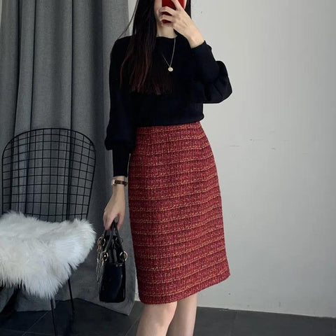 Vintage High Waisted Plaid Woolen Skirts Womens-WF00484-Veeddydropshipping