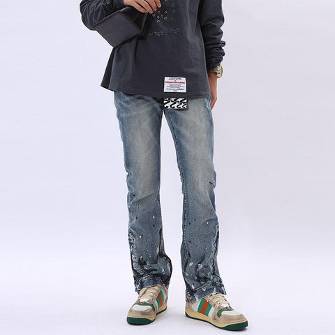 fashion jeans men male street blue denim pants Ink throwing-MF00582-Veeddydropshipping