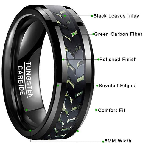Ring  Tungsten Carbide Ring Black Leaves Green Carbon  -JW00405-Veeddydropshipping