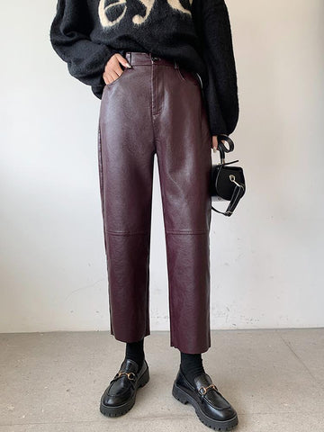 Black Leather Pants High Waist Straight Women Pants-WF00077-Veeddydropshipping