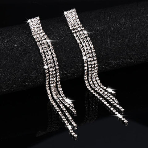 Luxury Crystal Long Tassel Earrings for Women Bridal Drop Dangling Earrings-JW01425-Veeddydropshipping