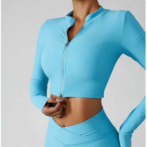 Jacket, Sports Bra, Leggings 3 Piece Set Women's Tracksuit, Red Blue Ribbed -OS00721-Veeddydropshipping