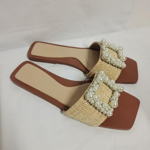 Woven Strap Autumn Front Pearl Slippers Woman Squared-BS00855-Veeddydropshipping