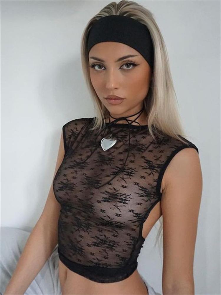 Neck Crop Top Black Backless See Through Y2K Sexy T Shirt-Veeddydropshipping