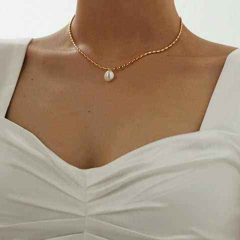 18K Gold Beads Chian Real Pearl Choker Necklace Designer-JW00150-Veeddydropshipping
