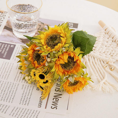 Sunflower Artificial Flowers Silks Bouquet For Wedding-HA00710-Veeddydropshipping