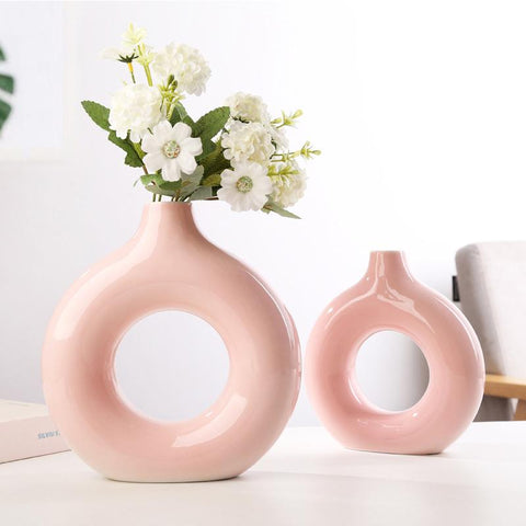 Nordic Vase Circular Hollow Ceramic Donuts Flower Pot-HA00297-Veeddydropshipping