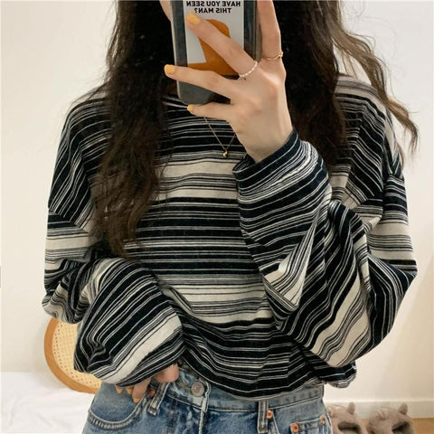 Women Striped Long Sleeve T-Shirt Korean Style Oversized-WF00248-Veeddydropshipping