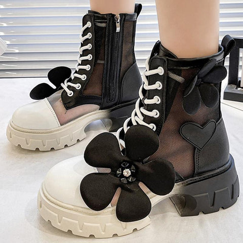 Brand Bow Chelsea Shoes Autumn Mesh Chunky Motorcycle-BS01063-Veeddydropshipping