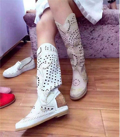 Leather Round Toe Rivet Flat Boots Knee High Spike-BS00980-Veeddydropshipping