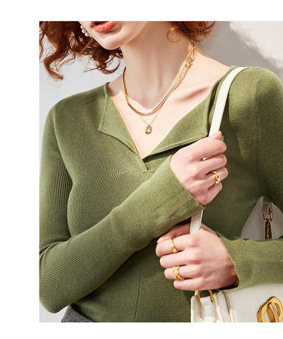 V-neck Women Undershirt Pullover Long Sleeve Casual Knitted Sweater-WF00073-Veeddydropshipping