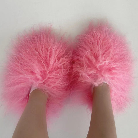 Mongolian Shoes  Luxury Real Sheep Fur Slides Slippers-BS01273-Veeddydropshipping