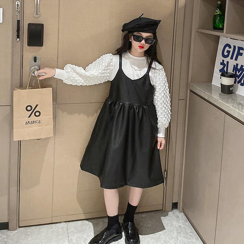 Girl Dress Party Dresses Ruffle Collar Strap pu Long-sleeve Dress-TB00920-Veeddydropshipping