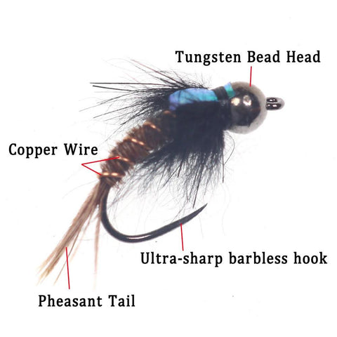 6PCS  #8 #10 #12 Tungsten Bead Head Flash Back Pheasant Tail Nymph Barbless-OS00561-Veeddydropshipping