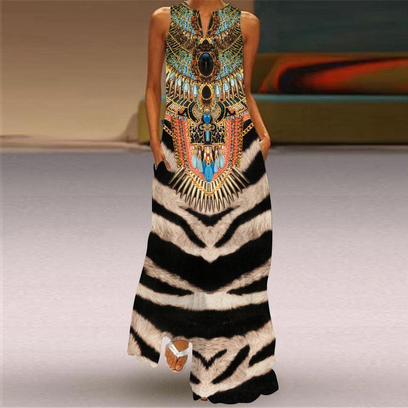 Fashion Dress Digital Print V-neck Sleeveless Long Dress-WF00331-Veeddydropshipping