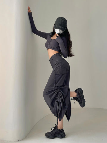 Women Loose Drawstring Split Versatile Recreational Skirt-WF00353-Veeddydropshipping