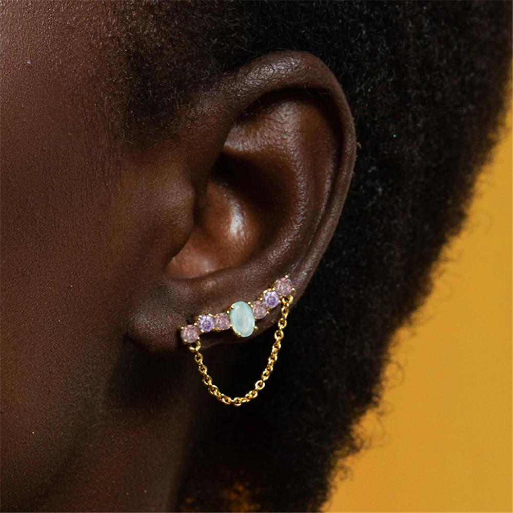 925 Sterling Silver Gold Plating Colorful Zircon Chain Stud Earrings for Women-JW00071-Veeddydropshipping