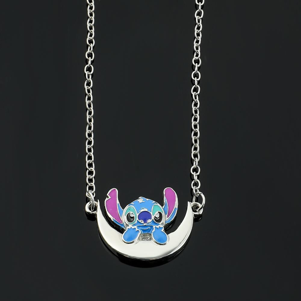 Stitch Necklace Silver Plated Crescent Half Moon Pendant -JW01281-Veeddydropshipping