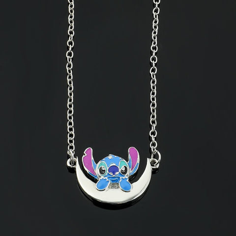 Stitch Necklace Silver Plated Crescent Half Moon Pendant -JW01281-Veeddydropshipping