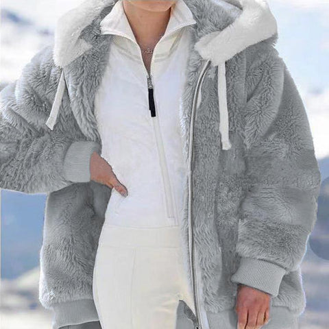 Fashion Simple Casual Loose Plush Zipper Hooded Jacket-Veeddydropshipping