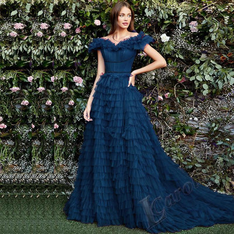 Off Shoulder Evening Dress V-neck Tiered Gelitter-WF01588-Veeddydropshipping
