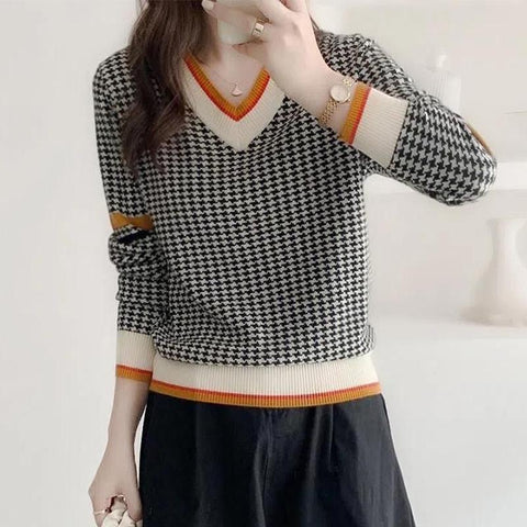 V-neck Houndstooth Casual Fashion Sweater-WF00094-Veeddydropshipping