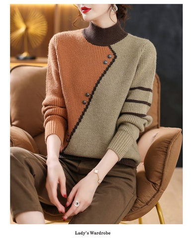Asymmetrical Striped Button Knitted Splicing Sweaters-WF00098-Veeddydropshipping