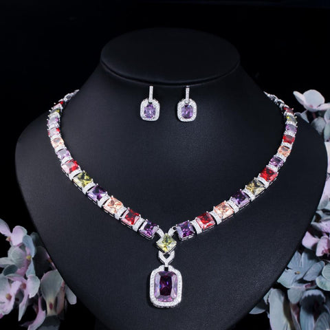 Trendy Colorful  Diamond Jewelry set White Gold Earrings Necklace -JW00188-Veeddydropshipping