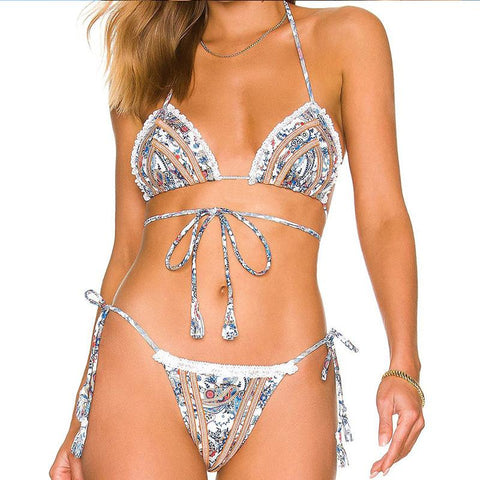 Sexy Bikini Hollow Out Swimsuit 2023 Women Swimwear Printed Lace Thong  -OS00116-Veeddydropshipping