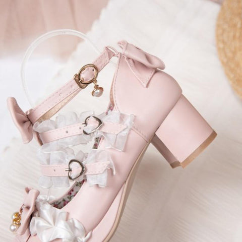 Mary Jane Lace Metal Buckle Girls High Heel Bow Princess-BS00882-Veeddydropshipping